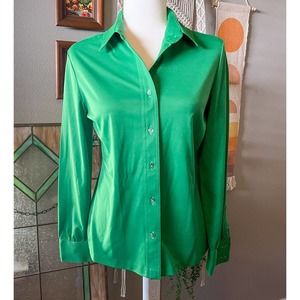Retro Blouse Womens Kelly Green Long Sleeve Button Up Collar 12 Vintage